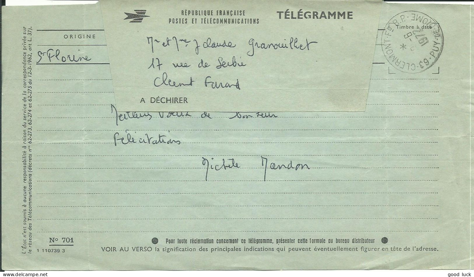 FRANCE TELEGRAMME STE FLORINE ( HAUTE LOIRE ) POUR CLERMONT FERRAND ( PUY DE DOME ) DE 1972 LETTRE COVER - Telegraph And Telephone