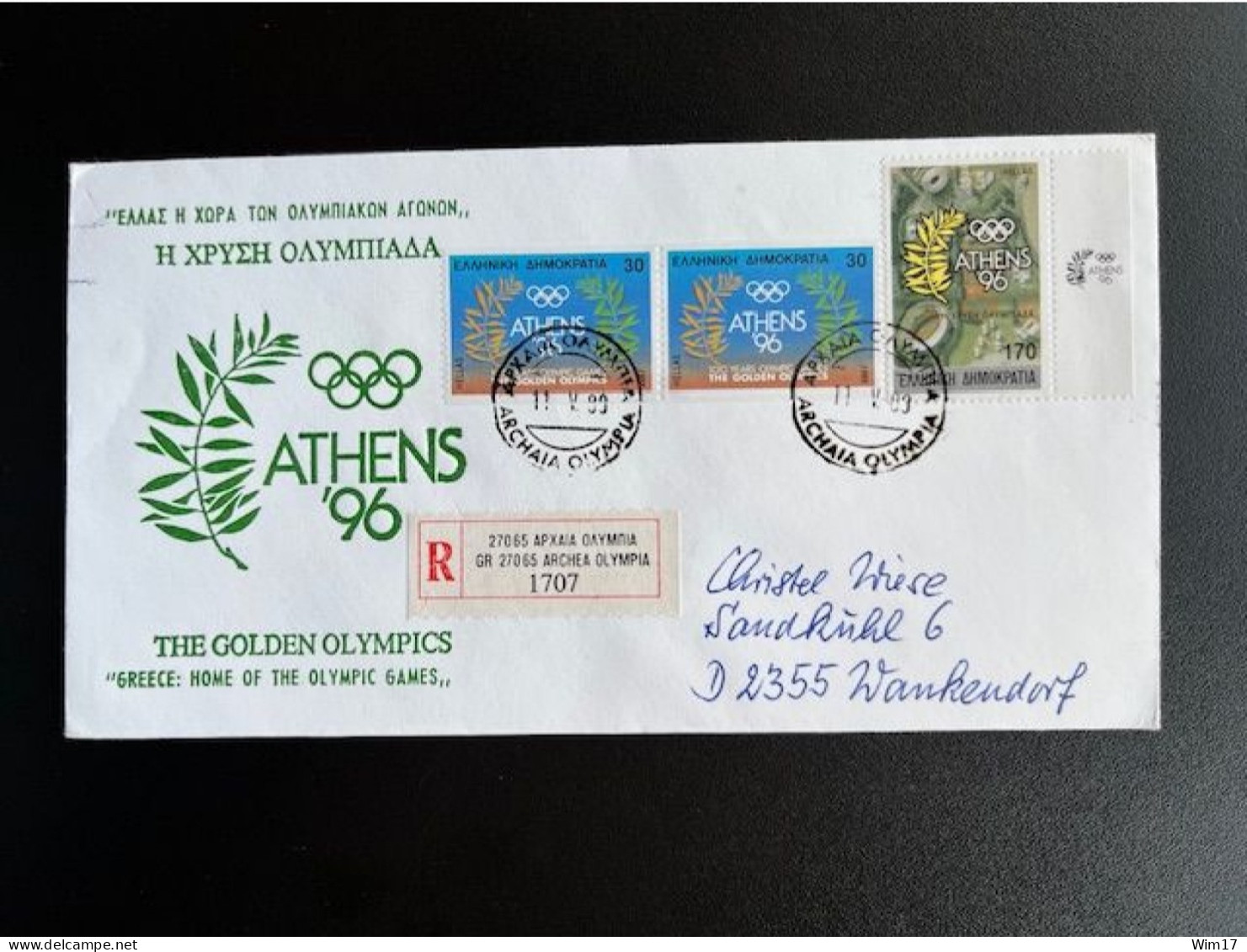 GREECE 1989 REGISTERED COVER ARCHEA OLYMPIA TO WANKENDORF 11-05-1989 OLYMPIC GAMES GRIEKENLAND - Briefe U. Dokumente