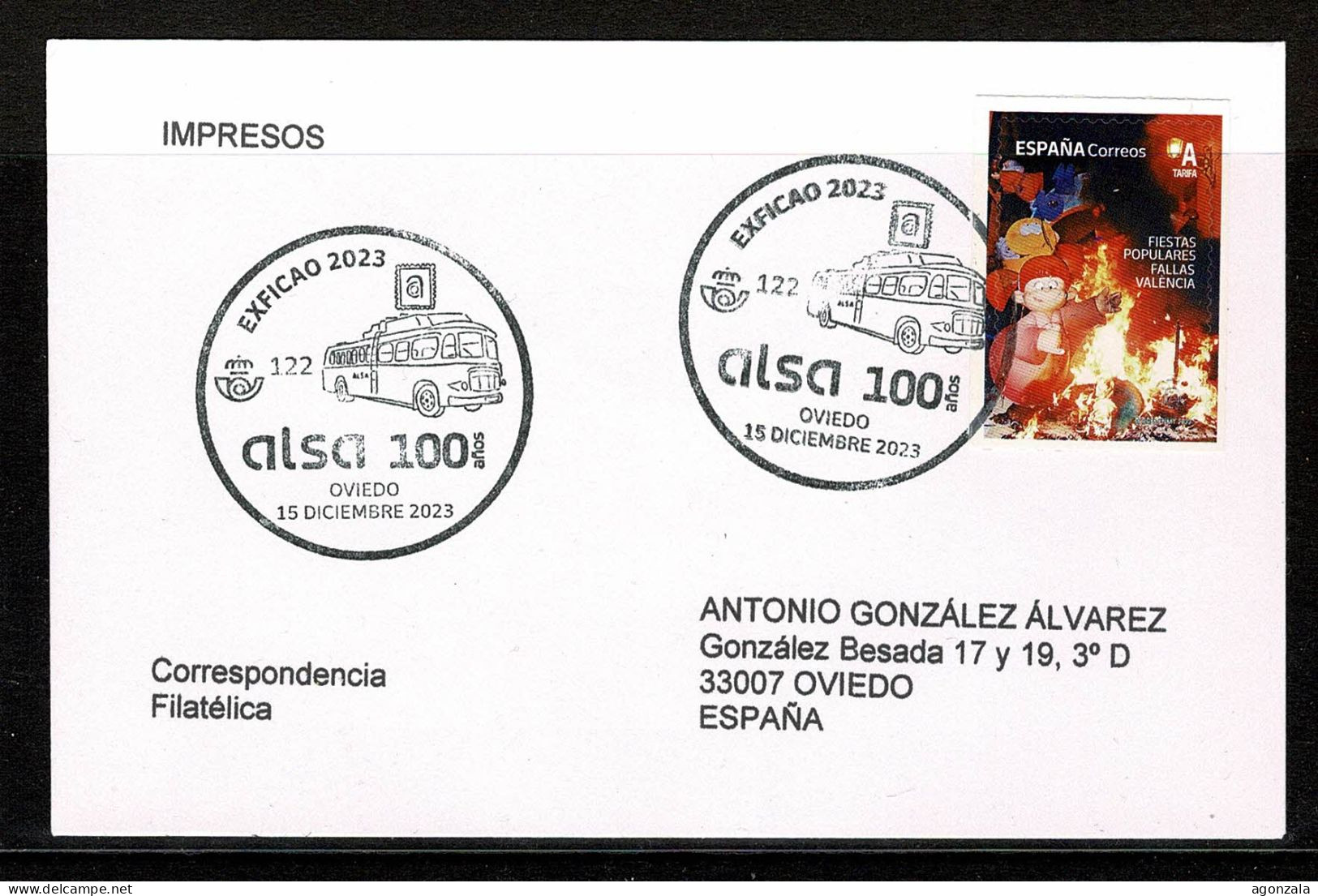 LETTRE ESPAGNE 2023 100 ANS BUS ALSA  EXPO EXFICAO - Bussen