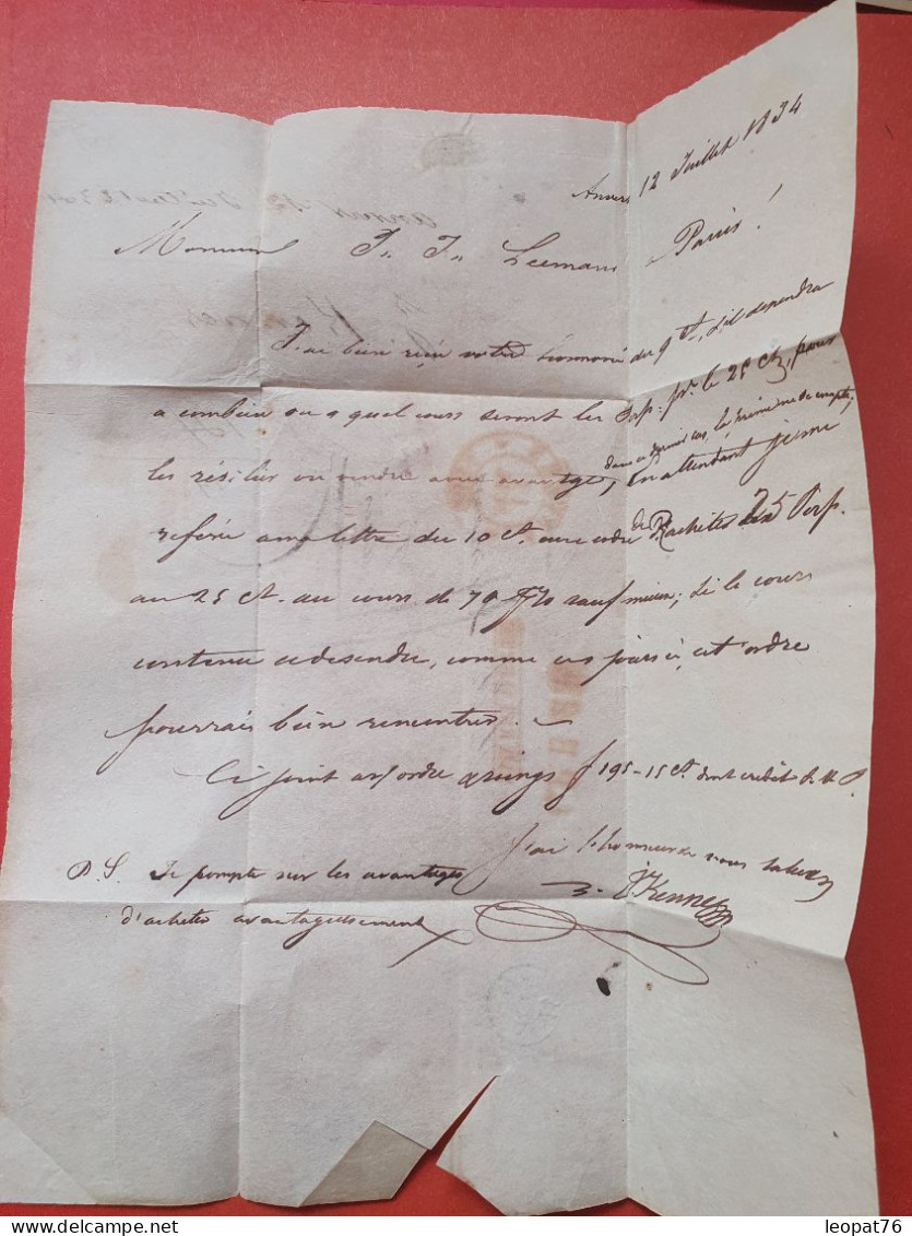 Belgique - Lettre Avec Texte De Anvers Pour Paris En 1834 Par Estafette - Réf 3445 - 1830-1849 (Belgica Independiente)