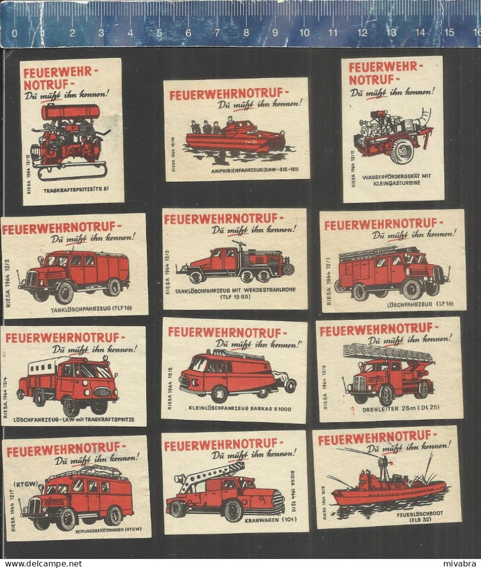 FIRE PREVENTION BRANDSCHUTZ PROTECTION CONTRE L'INCENDIE FIRE TRUCKS CAMIONS POMPIERS - MATCHBOX LABELS DDR 1964 - Boites D'allumettes - Etiquettes