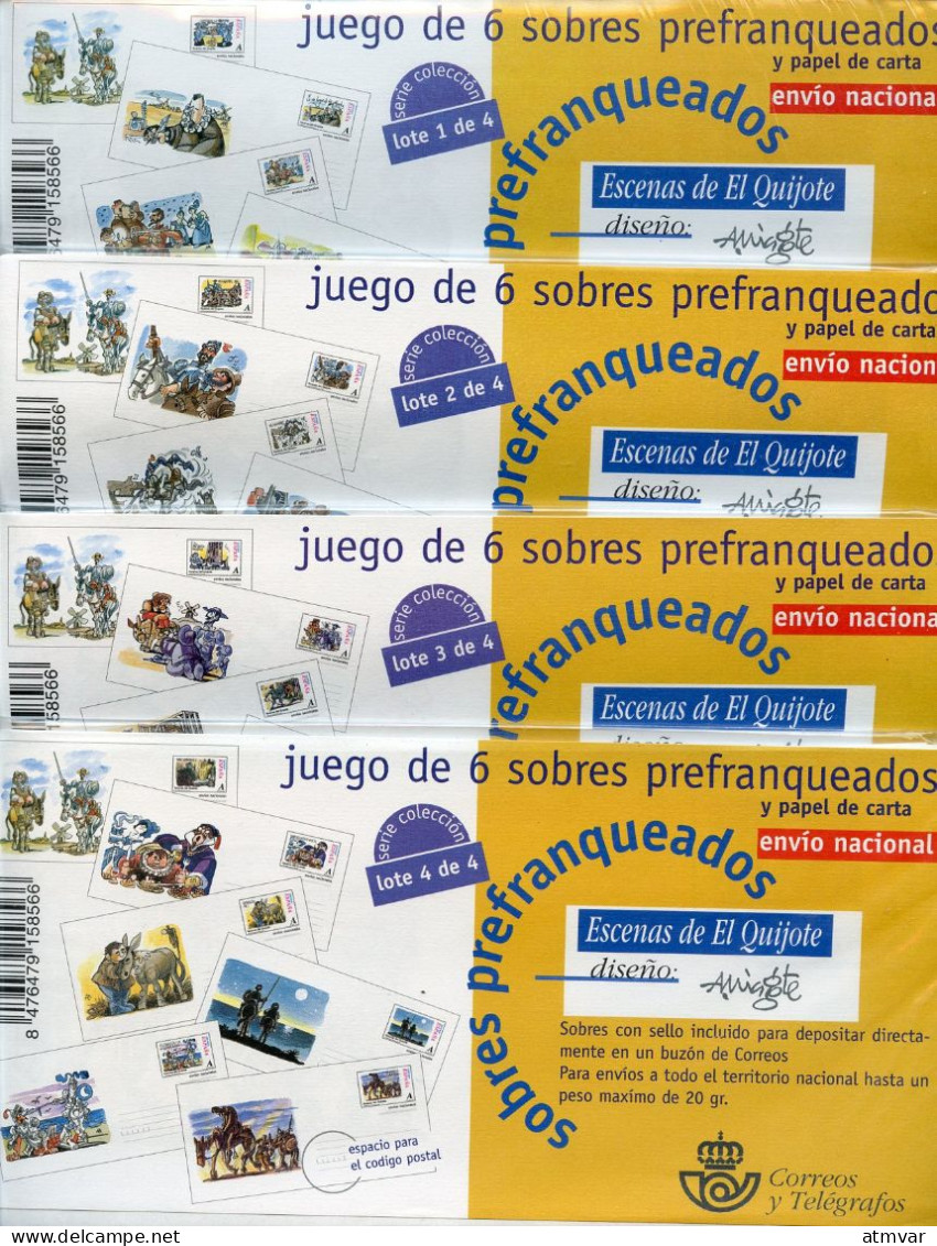ESPAÑA (1998) Colección Completa 24 Sobres Prefranqueados QUIJOTE / Set 24 Prefranked Covers - Cervantes, Mingote - 1931-....
