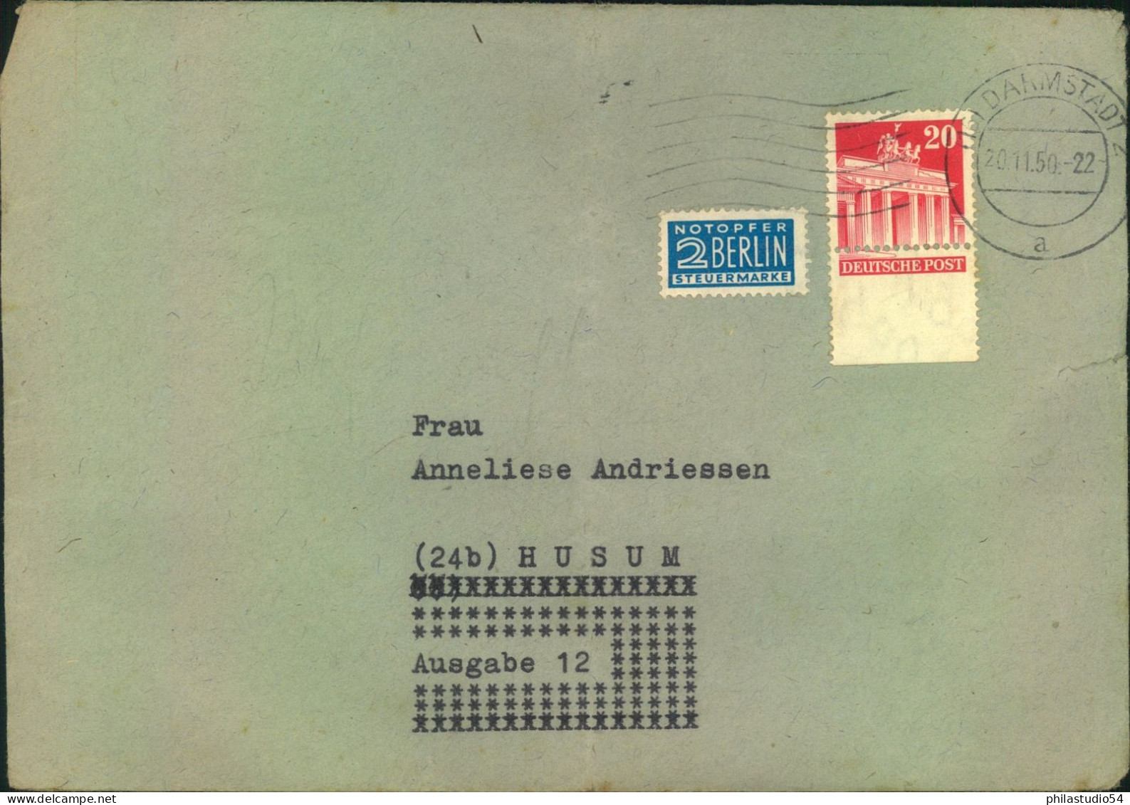 1950, Fernbrief Mit 20 Pf. Bauten Im Unterrand Ca.  5 Mm Zu Kurz Gezähnt Ab DARMSTADT - Covers & Documents