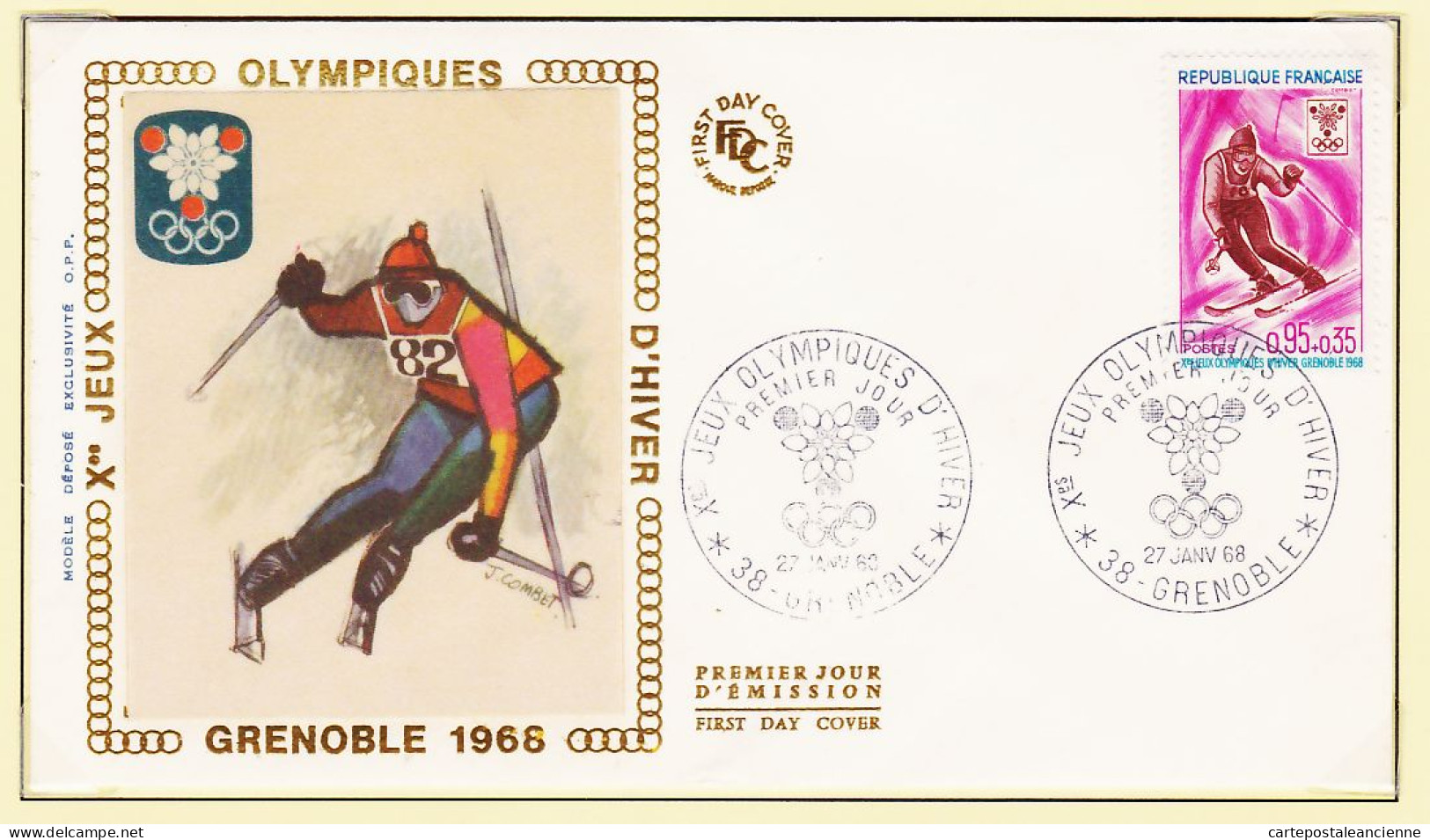 11933 / ⭐ FDC Soie GRENOBLE 1968 Slalom Ski Par COMBET J.O Xes Jeux Olympiques Hiver Premier Jour Emission 27-01-1968 - Hiver 1968: Grenoble