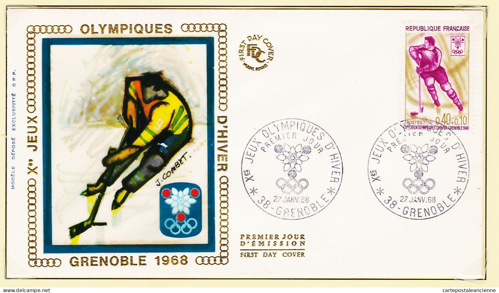 11931 / ⭐ FDC GRENOBLE 1968 Hockey Xes Jeux Olympiques Hiver 1er Jour Emission GRENOBLE 27 Janvier 1968 Par COMBET - Winter 1968: Grenoble