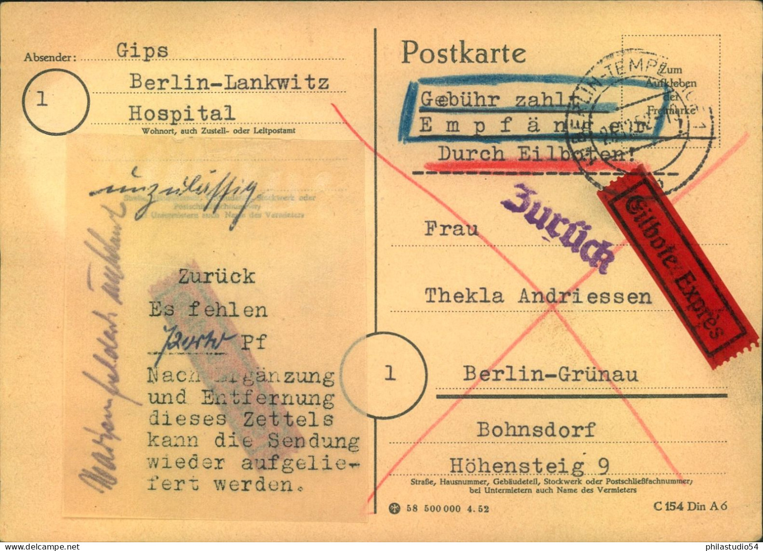 1952, Eilbotenkarte "Gebühr Zahlt Empfänger" Von "BERLIN-TEMPELHOF" Nach Grünau Mit "Zurück"-Aufkleber - Lettres & Documents