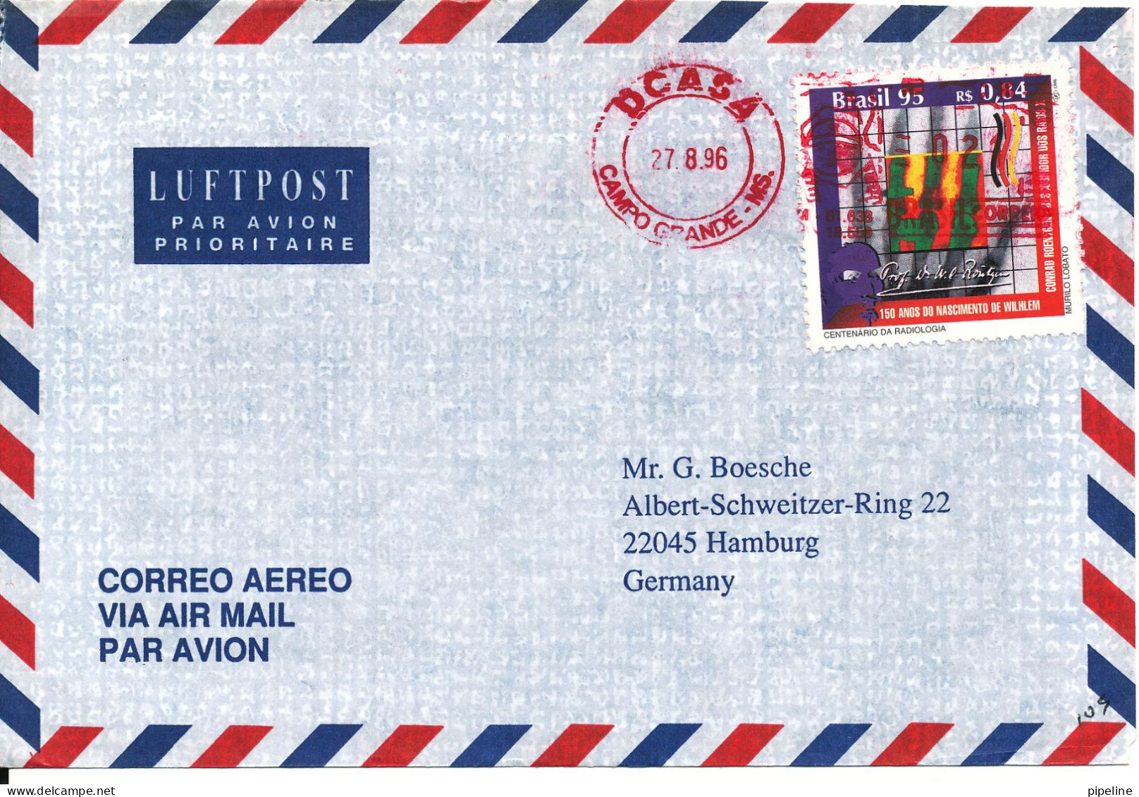 Brazil Air Mail Cover With Meter Cancel And A Stamp Sent To Germany 27-8-1996 - Luftpost