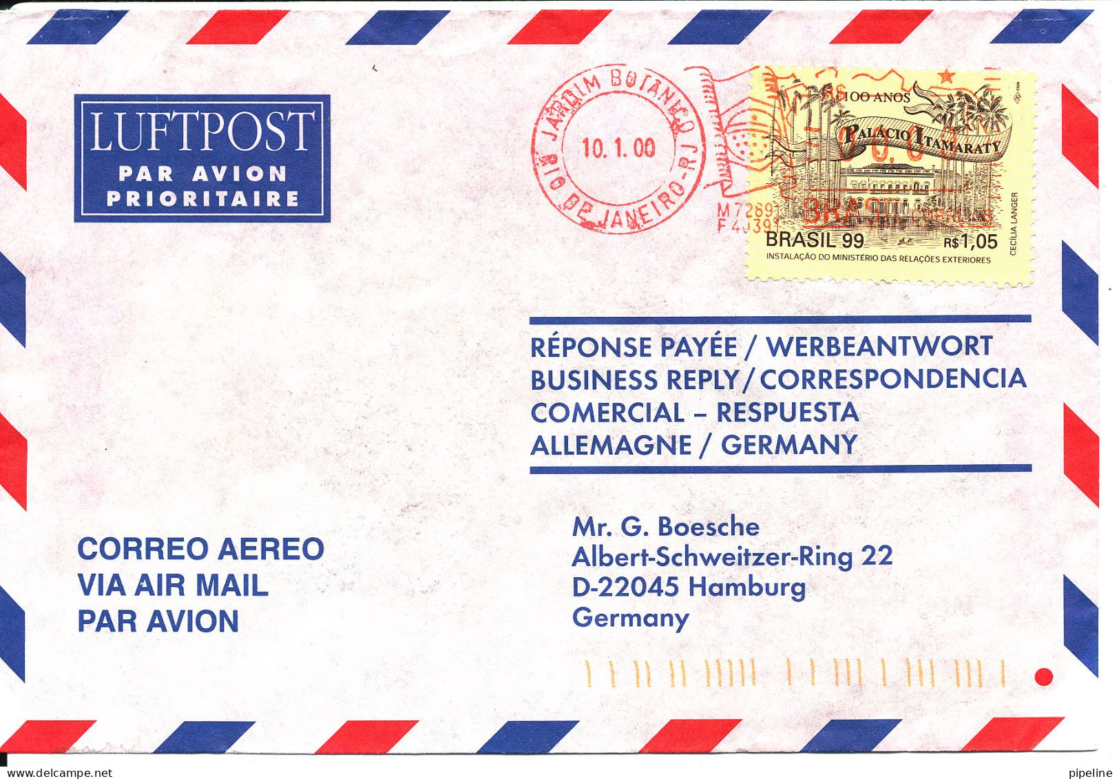 Brazil Air Mail Cover With Meter Cancel And A Stamp Sent To Germany 10-1-2000 - Posta Aerea