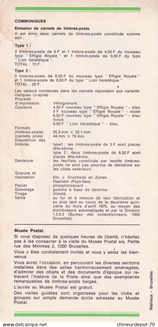 Régie Des Postes Belges émission D'une Serie De  Timbres -poste Spéciaux   N°6 1975 édité  En Français - Cartas & Documentos