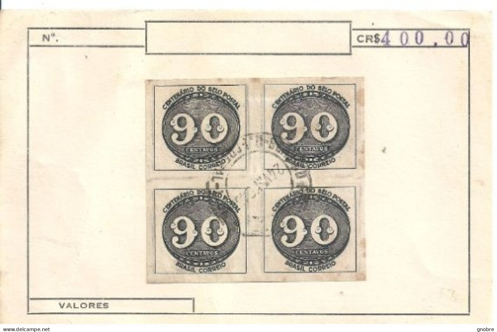 Brazil 1943 RHM C0182 Centenary Of The Postal Stamp (Block Of 90 Centavos - Used) - Nuevos