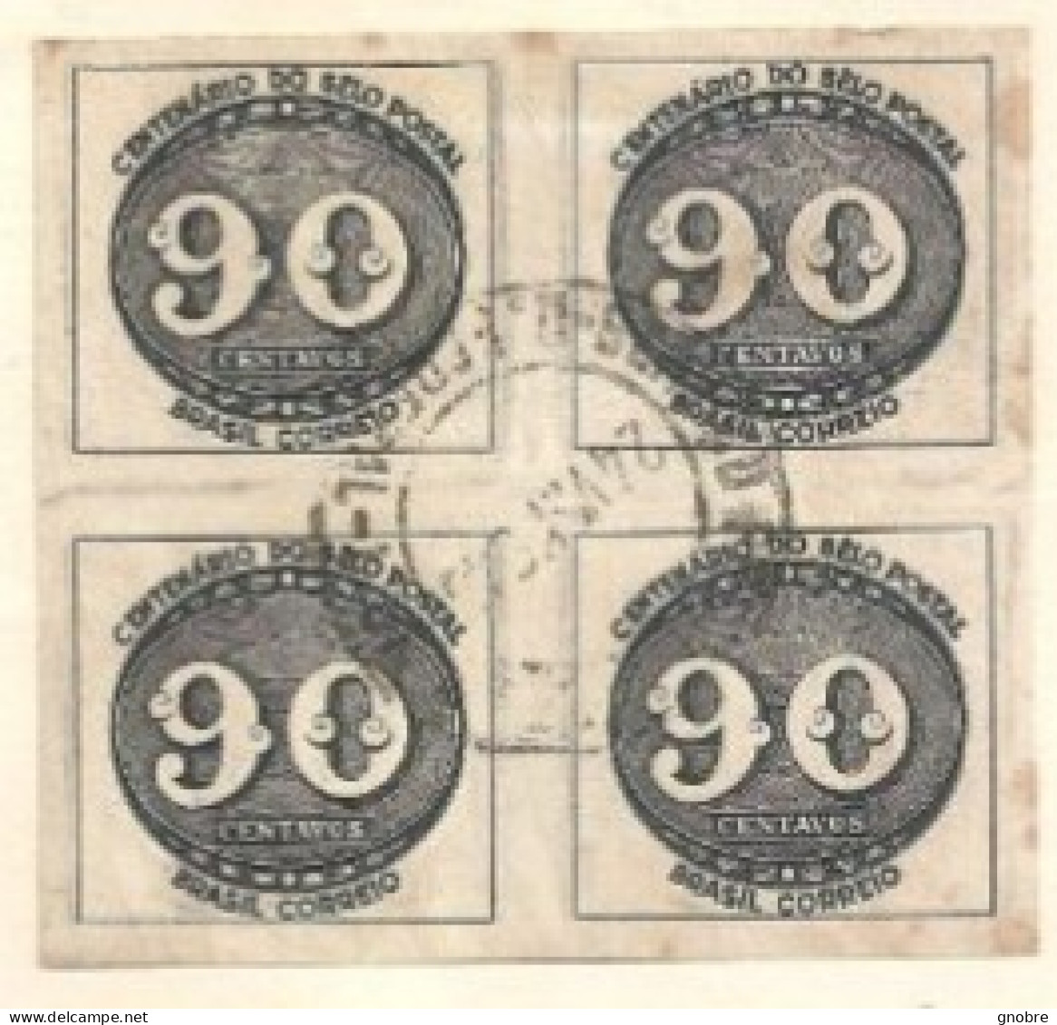 Brazil 1943 RHM C0182 Centenary Of The Postal Stamp (Block Of 90 Centavos - Used) - Ungebraucht