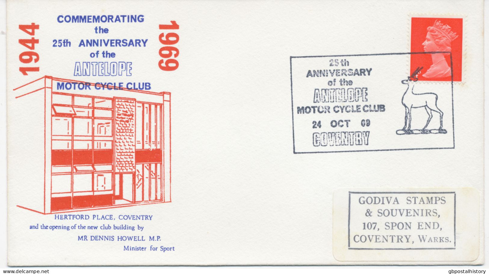 GB SPECIAL EVENT POSTMARK 25th ANNIVERSARY Of The ANTILOPE MOTOR CYCLE CLUB 24 OCT 69 COVENTRY On Illustrated Souvenir - Storia Postale