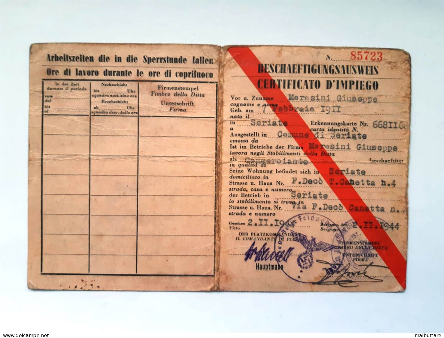 R.S.I. Certificato D’Impiego Beschaeftigungausweis Tessera Bilingue Tedesco. Datato 2/11/1944 Ben Conservato - Documenti