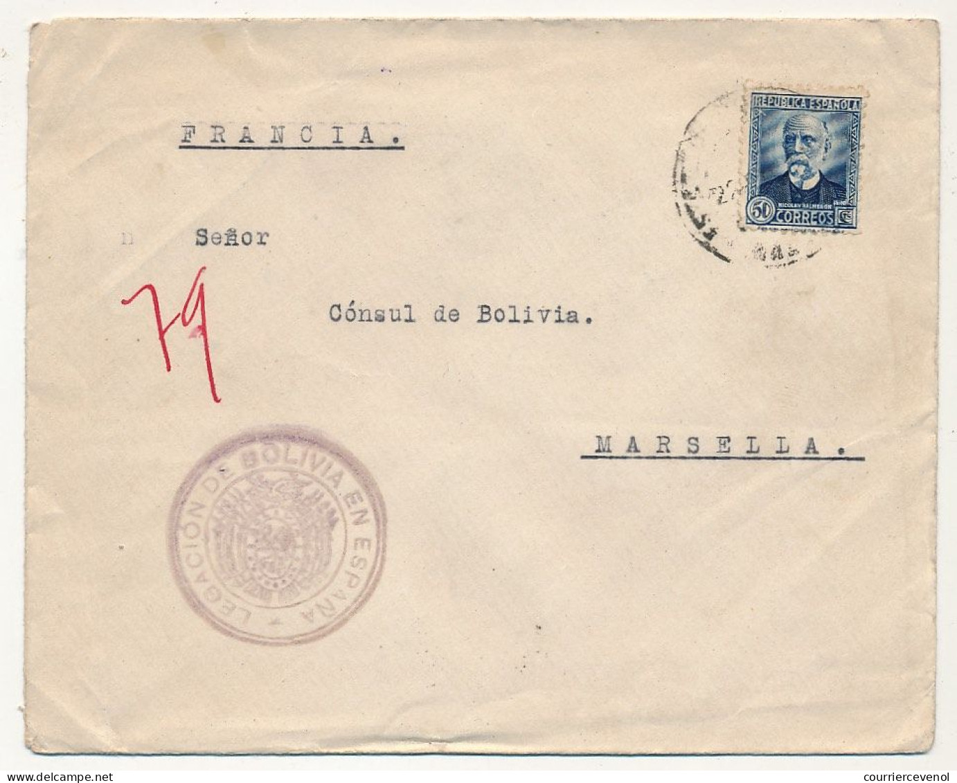 ESPAGNE - Enveloppe Pour Marseille 1937 Cachet Violet "Legacion De Bolivia En España" - Storia Postale