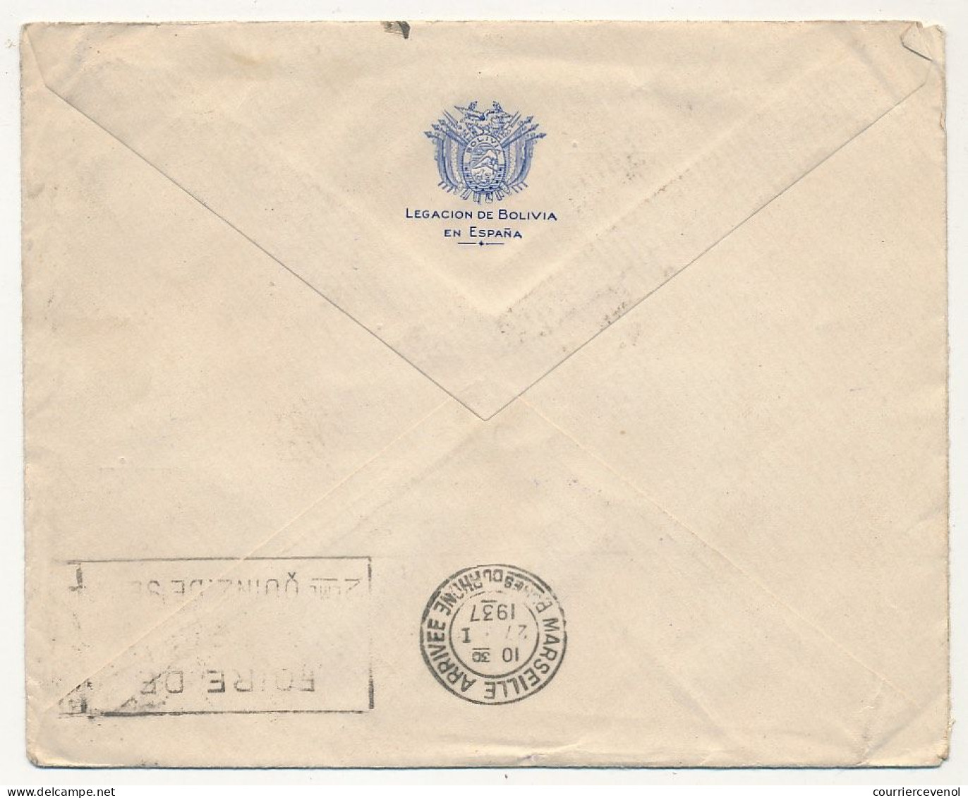 ESPAGNE - Enveloppe Pour Marseille 1937 Cachet Violet "Legacion De Bolivia En España" - Storia Postale