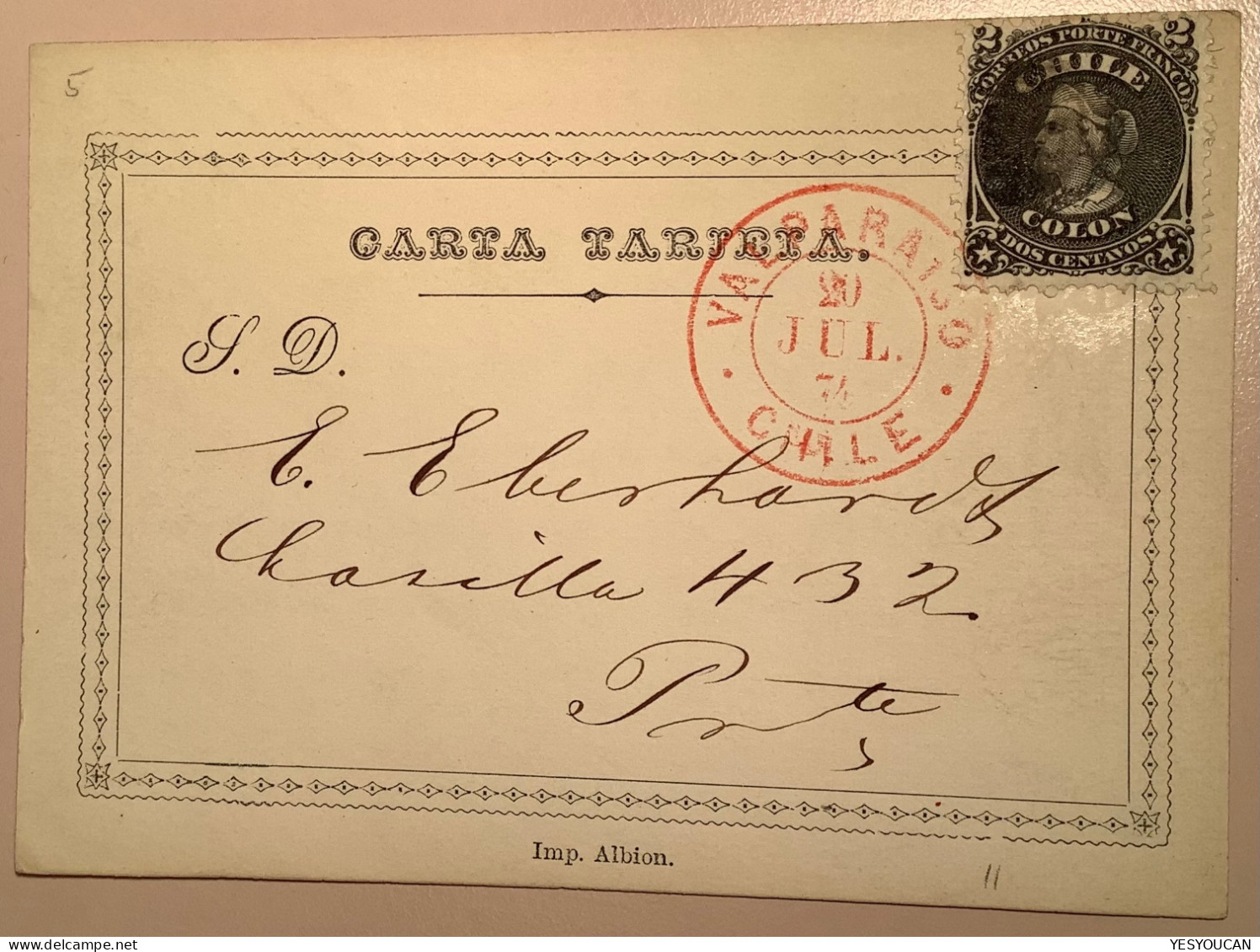RRR ! 1874 CARTA TARJETA Postal Stationery Formular Card Franked With 2c Black From VALPARAISO>local  (Chile - Chili