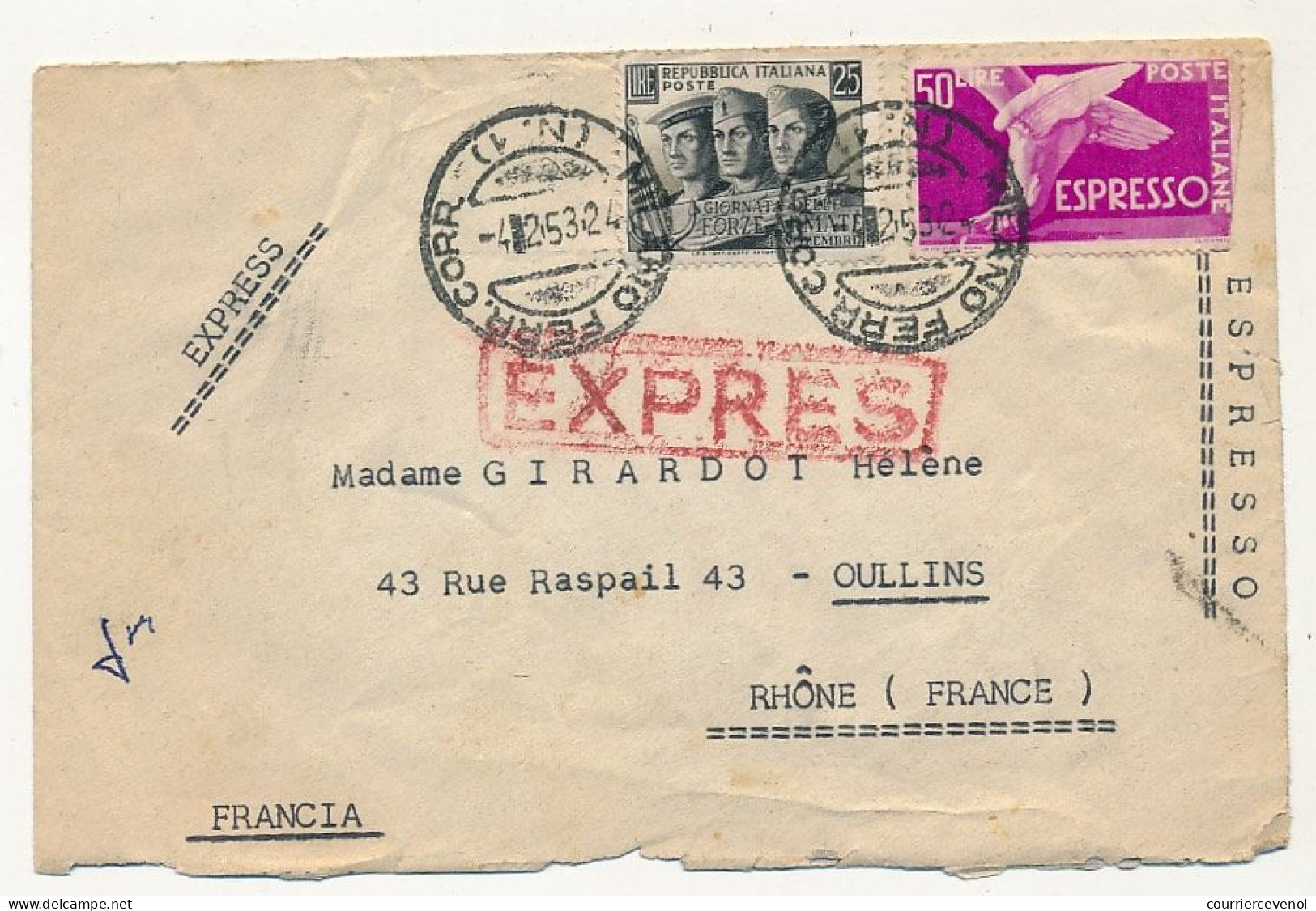 ITALIE - Enveloppe Affr Composé - Obl "Milano Ferr. Corr N°1" - EXPRES - 5/2/1953 - 1946-60: Marcophilie