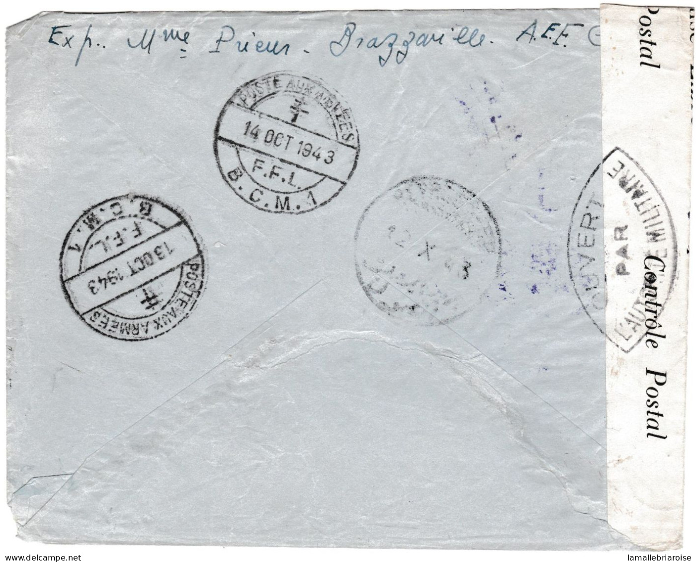 Enveloppe De Brazzaville Du 1er Oct 43 Pour Beyrouth, Liban, Censure Militaire, Verso: Cachets F.F.Libre - Covers & Documents