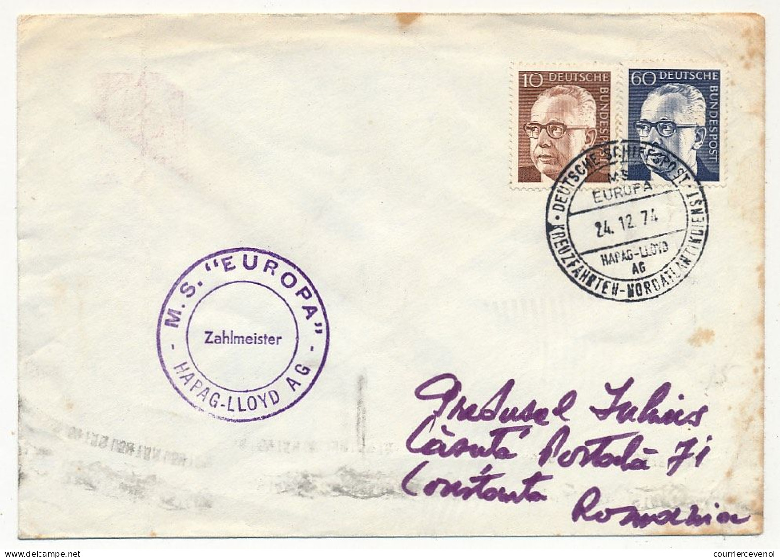 ALLEMAGNE - Enveloppe Affr 60pf + 10pf Obl "Deutsche Shiffpost MS EUROPA Kreuzfahrten - Nordatlantikdienst 24/12/1974 - Briefe U. Dokumente