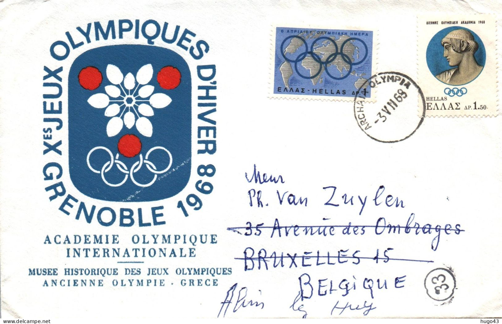 ENVELOPPE AVEC CACHET JEUX OLYMPIQUES D' HIVER A GRENOBLE - ACADEMIE OLYMPIQUE INTERNATIONALE AVEC LETTRE  ET TIMBRES - Hiver 1968: Grenoble