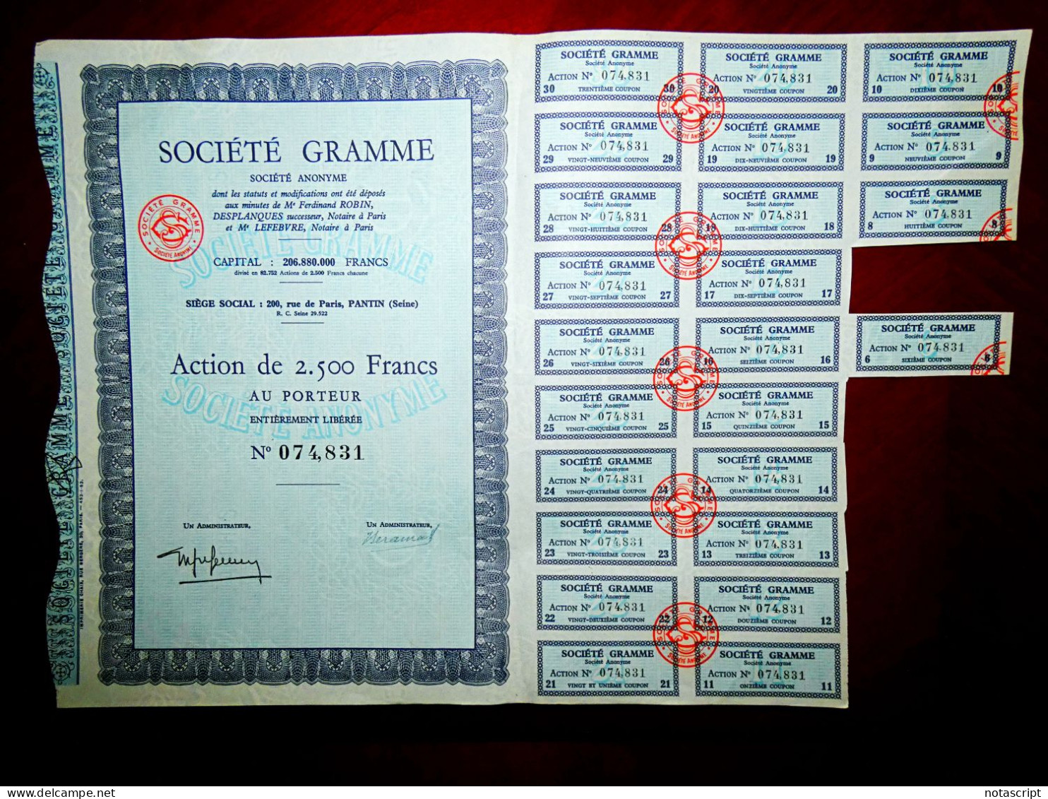 Société Gramme" Pantin (Seine) France .1964  Share Cerificate - Elektrizität & Gas