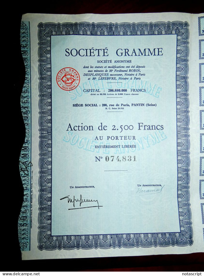 Société Gramme" Pantin (Seine) France .1964  Share Cerificate - Elektrizität & Gas