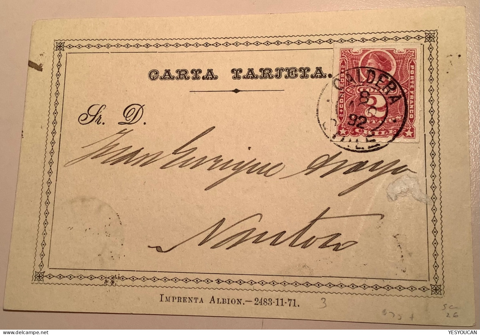 R ! 1892 CARTA TARJETA Postal Stationery Formular Card Franked With 2c From CALDERA>Tierra Amarilla (Chile - Chile