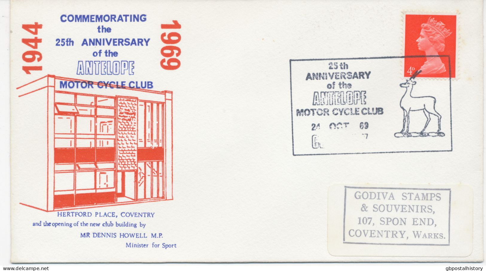 GB SPECIAL EVENT POSTMARK 25th ANNIVERSARY Of The ANTILOPE MOTOR CYCLE CLUB 24 OCT 69 COVENTRY On Illustrated Souvnir Co - Motorbikes