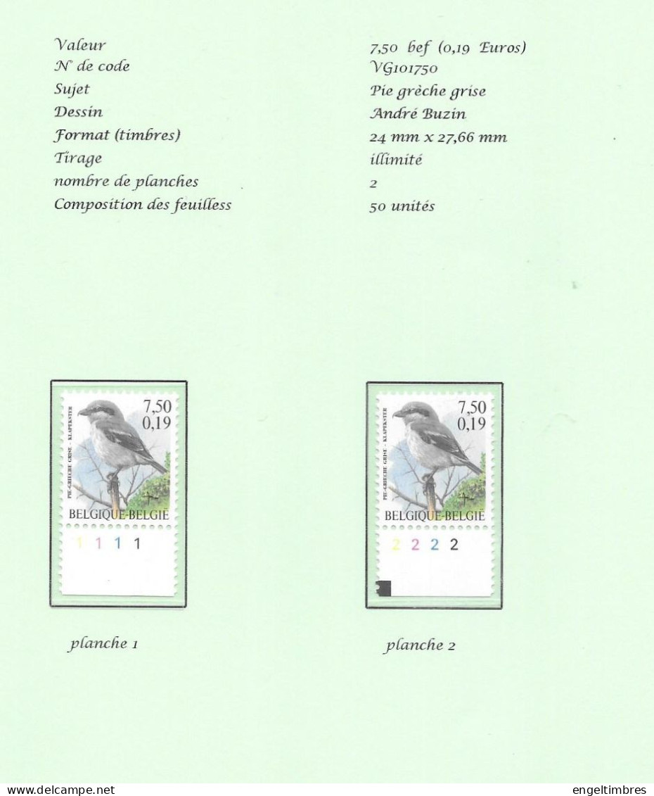 Belgium -  2001 BUZIN Birds -  Pie Grèch Grise/klapekster 7,50bfrs  Plaatnummers 1 - 2 Postfris - Zie Scan - 2011-..