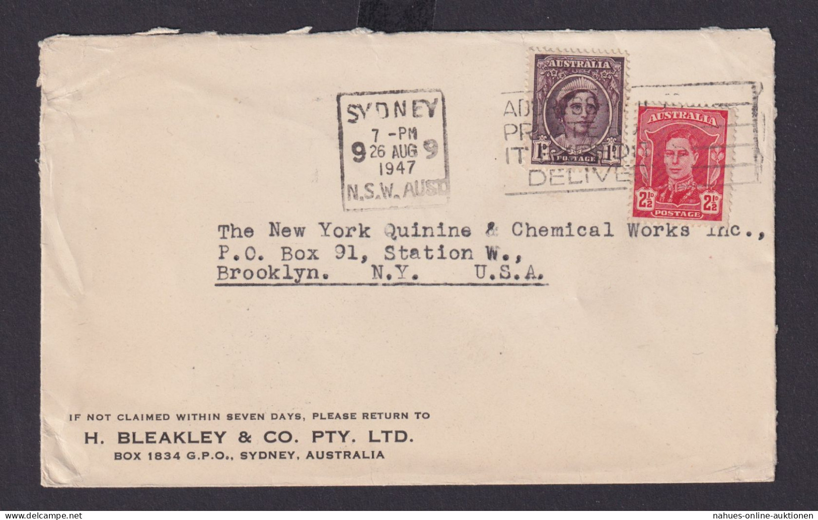 Australien Übersee Brief MIF Masch.St. Sydney Nach Brooklyn New York USA - Collections