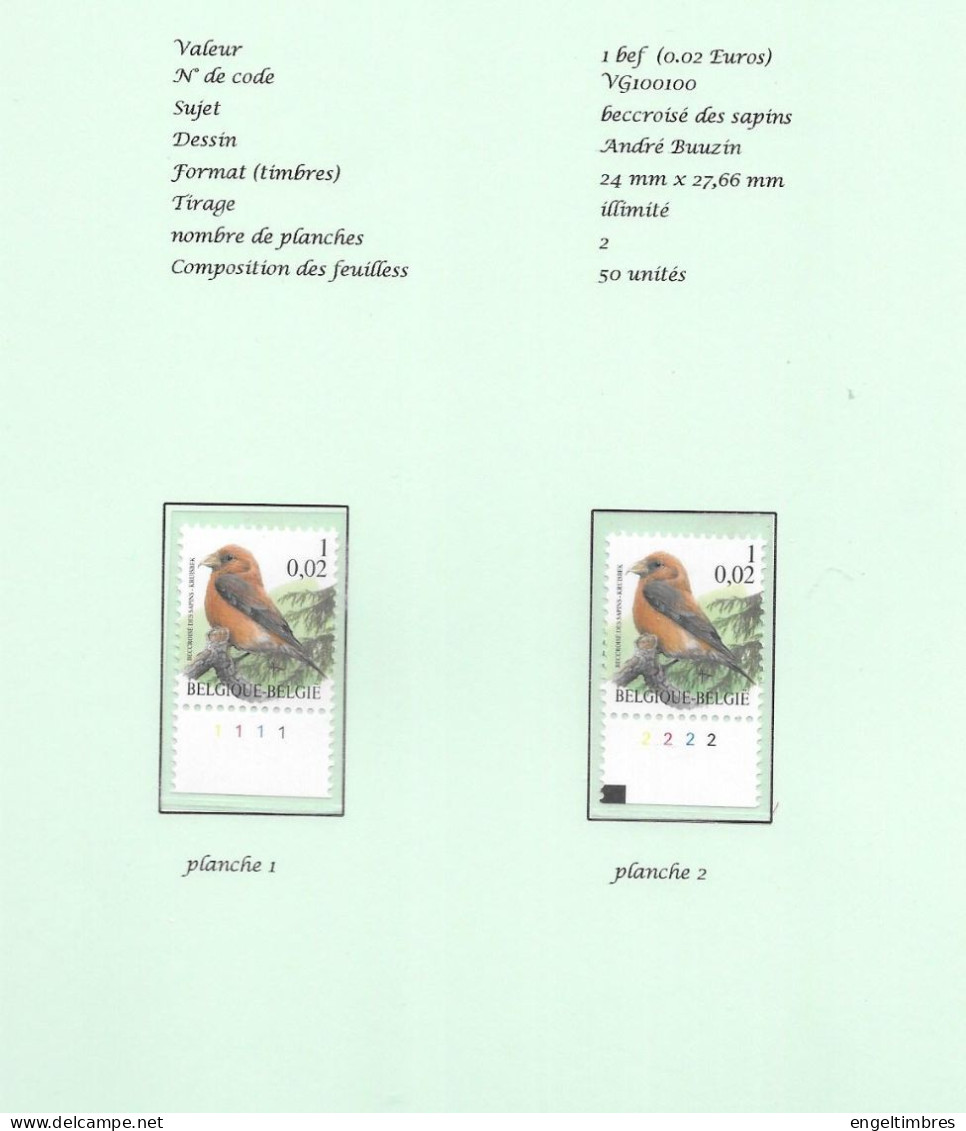 Belgium -  2000 BUZIN Birds -  Beccroisé Des Sapins/kruisbek   1 Bfrs  Plaatnummers 1 - 2 Postfris - Zie Scan - 2011-..