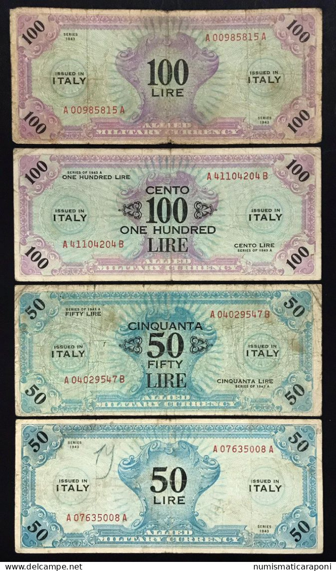 50 + 100 AM LIRE 1943 SERIE Italiana B.E.P. + 50 + 100 Lire Bilingue A.......B LOTTO 2855 - Occupation Alliés Seconde Guerre Mondiale