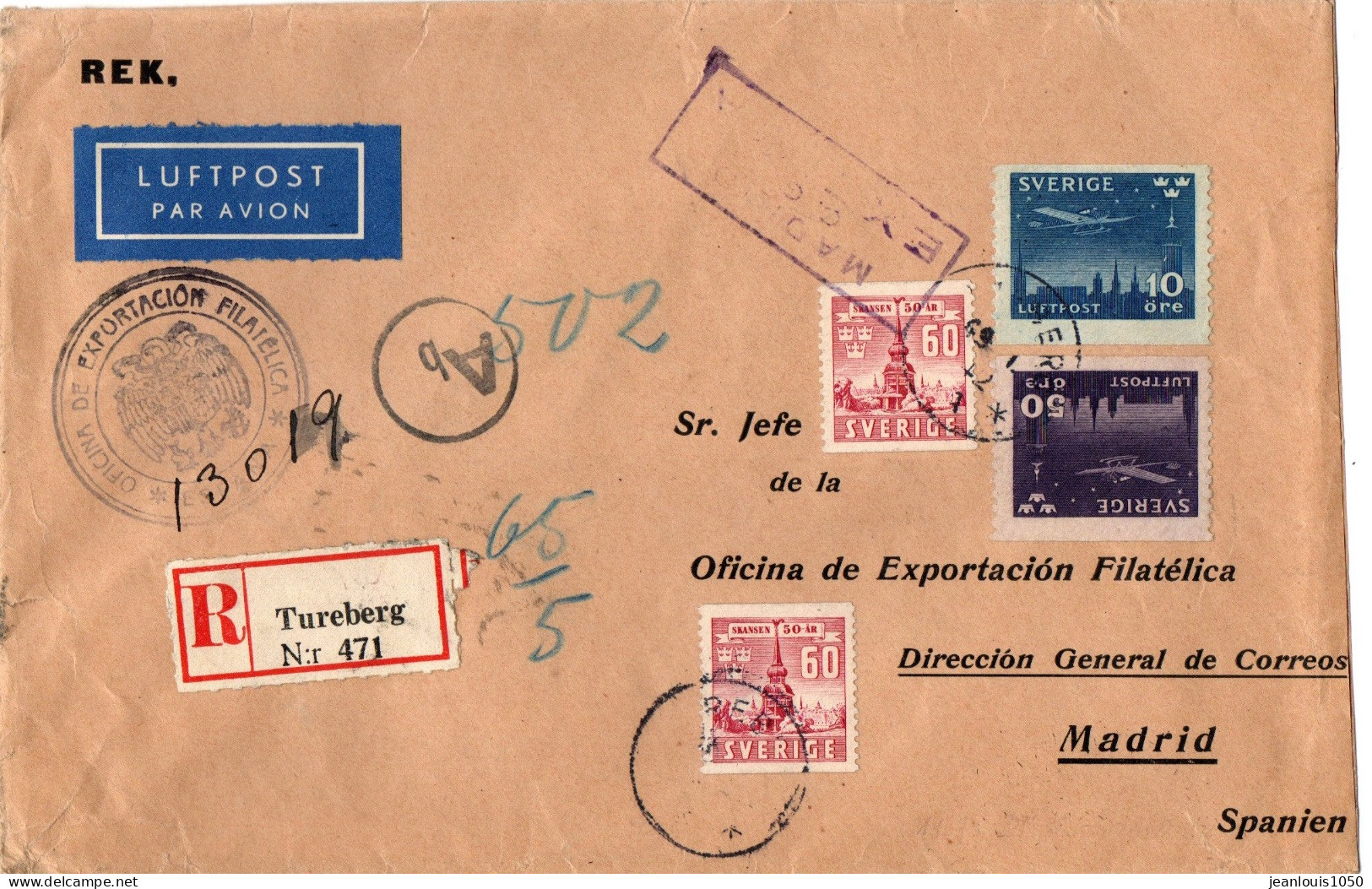 DANEMARK L.R. EN PA OBLITEREE TUREBERG POUR L'ESPAGNE CENSURE ALLEMANDE CACHET D'EXEMPTION DE CENSURE ESPAGNOLE - Airmail