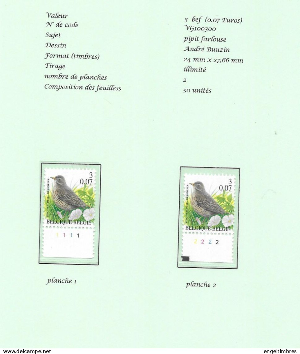 Belgium -  2000 BUZIN Birds -   Pipit Farouse/grs Pieper   3 Bfrs  Plaatnummers 1 - 2 Postfris - Zie Scan - 2011-..
