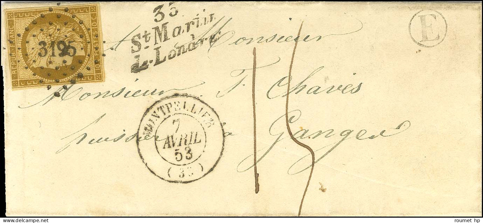 PC 3195 / N° 1 (leg Def) Càd T 15 MONTPELLIER (33) Cursive 33 / St Martin / De-Londres B. RUR. E Sur Lettre Avec Texte I - 1849-1850 Ceres