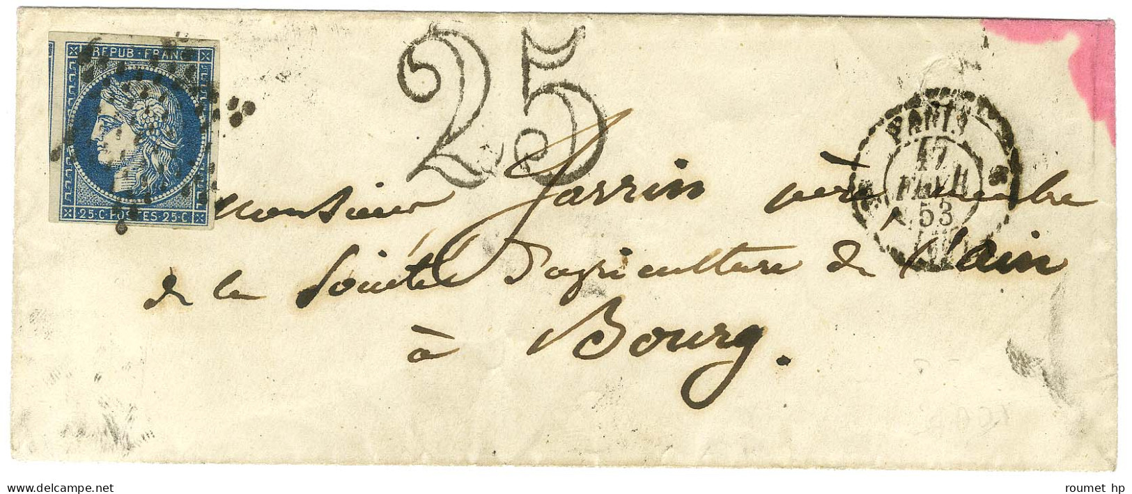 Etoile / N° 4 Càd PARIS (60) Sur Lettre 2 Ports Insuffisamment Affranchie Pour Bourg En Bresse Taxée 25 DT. 1853. - TB. - 1849-1850 Ceres