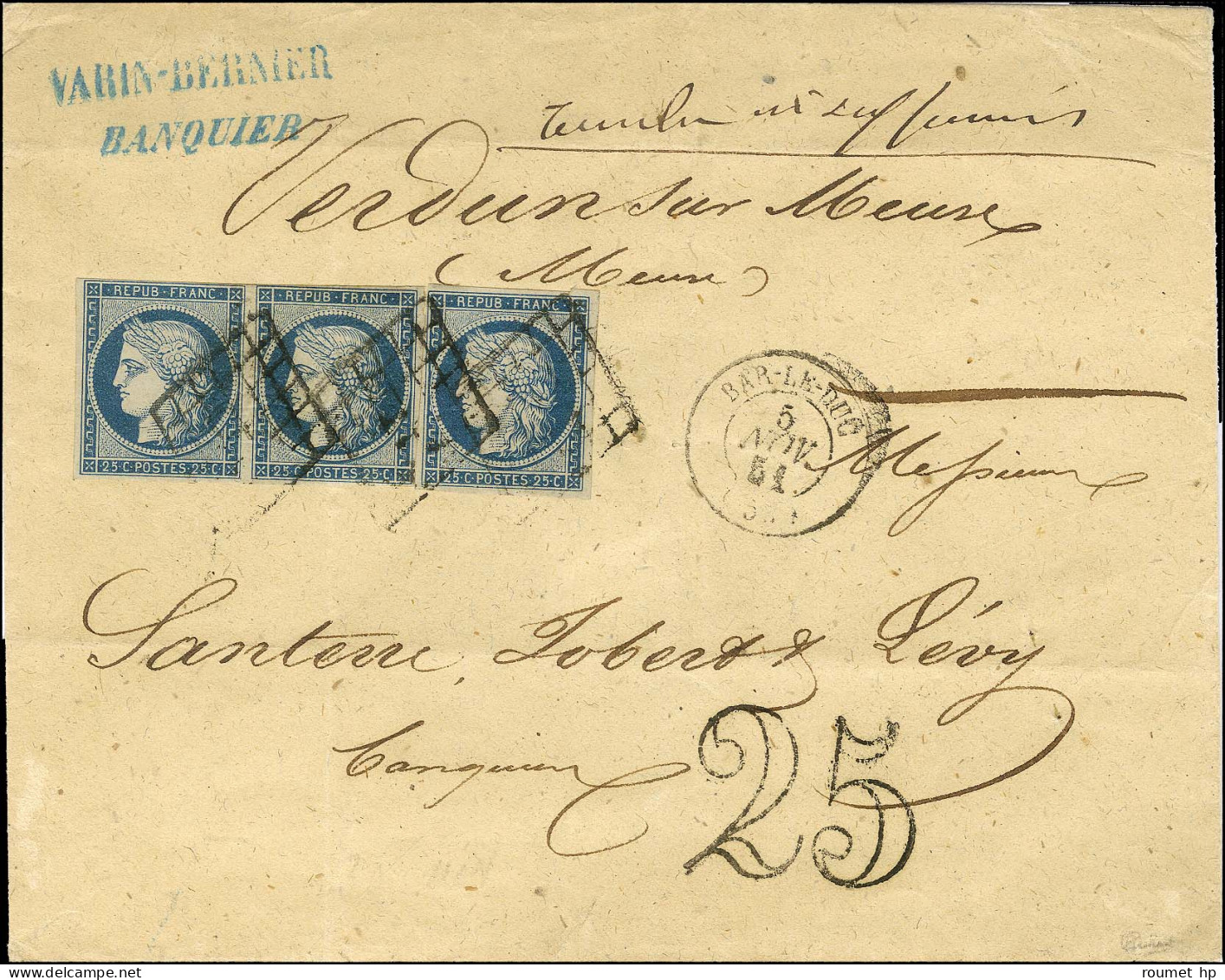 Grille / N° 4 Paire + 1 Ex Belles Marges Bleu Foncé Càd T 15 BAR-LE-DUC (53) Sur Lettre 3 Ports Insuffisamment Affranchi - 1849-1850 Cérès