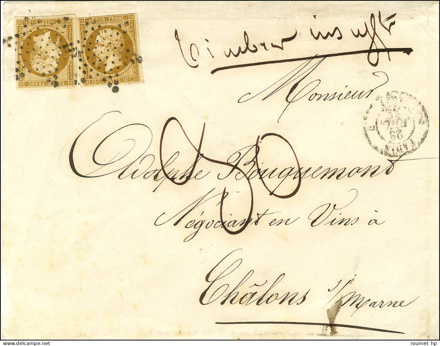 Etoile / N° 2 (2 Dont 1 Ex Infime Def) Càd PARIS (60) Sur Lettre 2 Ports Insuffisamment Affranchie Pour Chalons Sur Marn - 1852 Louis-Napoléon