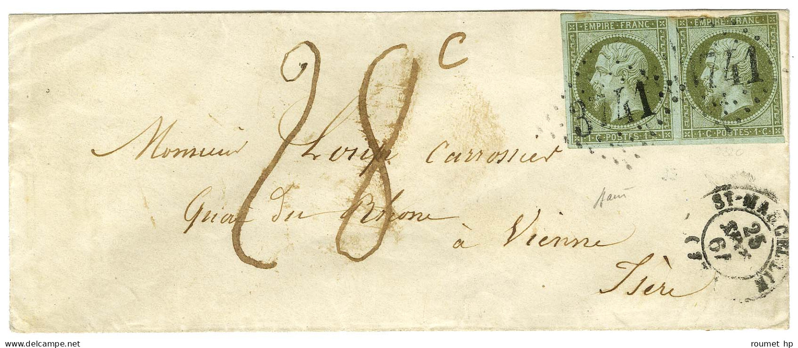 GC 3741 / N° 11 Paire (1 Ex Def) Càd T 15 ST MARCELIN (37) Sur Lettre Territoriale Insuffisamment Affranchie Pour Vienne - 1853-1860 Napoleon III