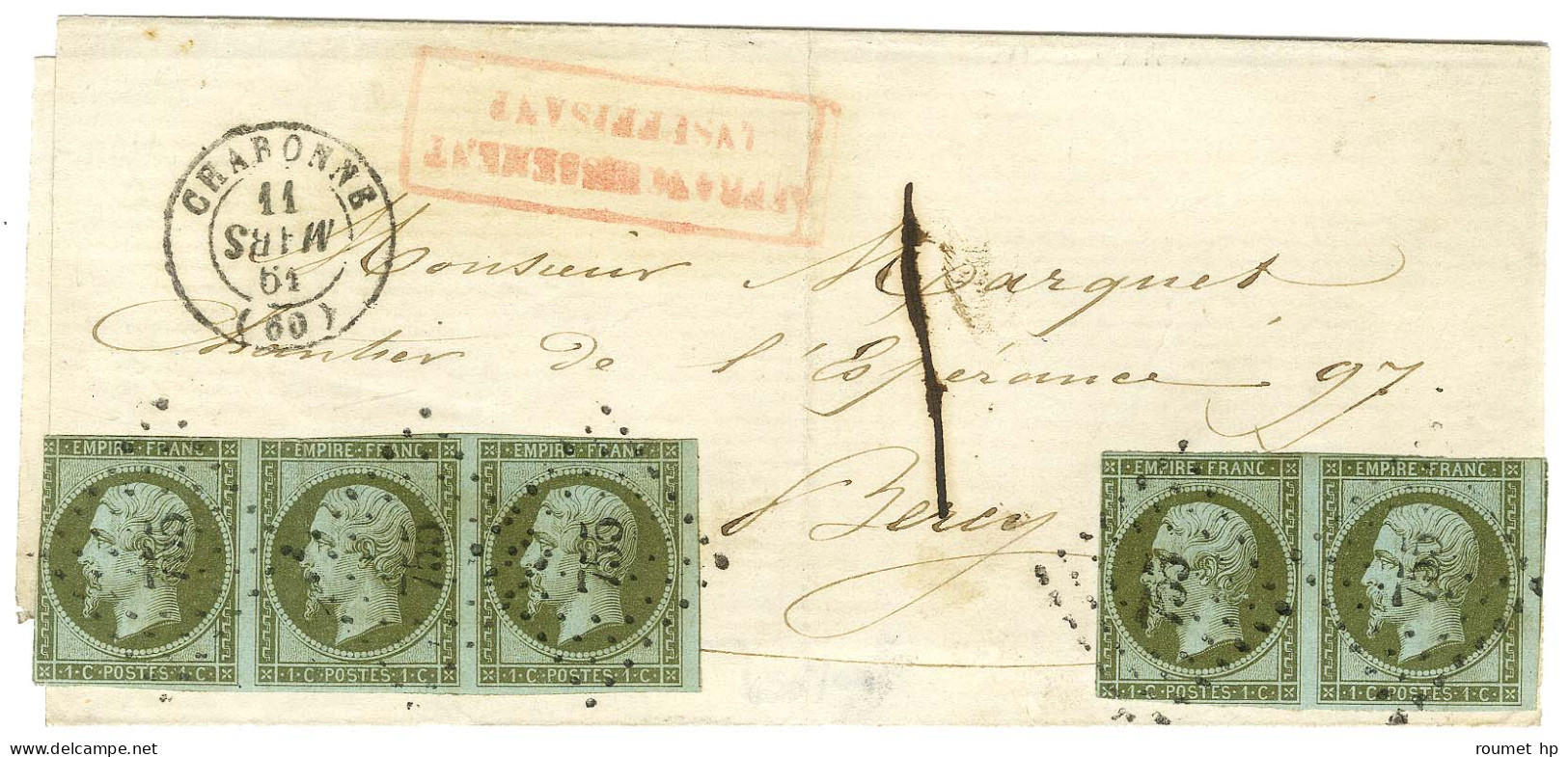 PC 755 / N° 11 Bande De 3 + Paire (qq Defs) Càd T 15 CHARONNE (60) Sur Lettre Locale Insuffisamment Affranchie Pour Berc - 1853-1860 Napoléon III.