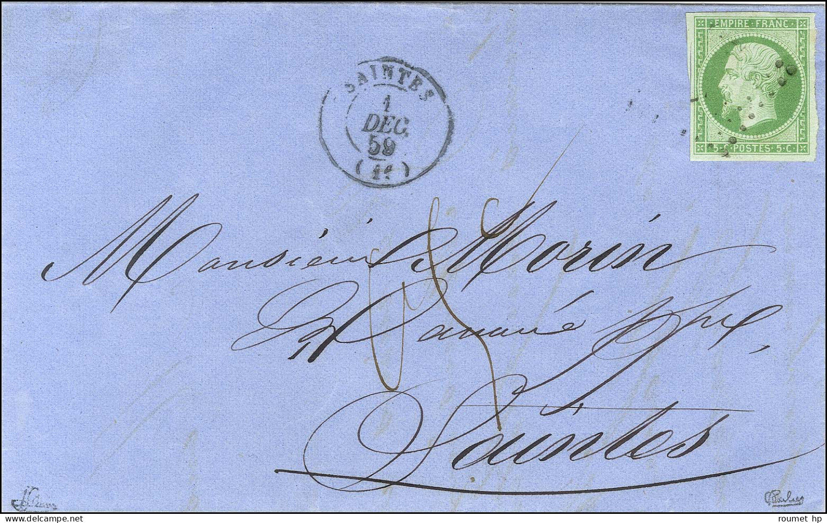 PC 2776 / N° 12 Belles Marges Càd T 15 SAINTES (16) Sur Lettre Locale Insuffisamment Affranchie Taxée 0,5c. 1859. - TB / - 1853-1860 Napoleon III