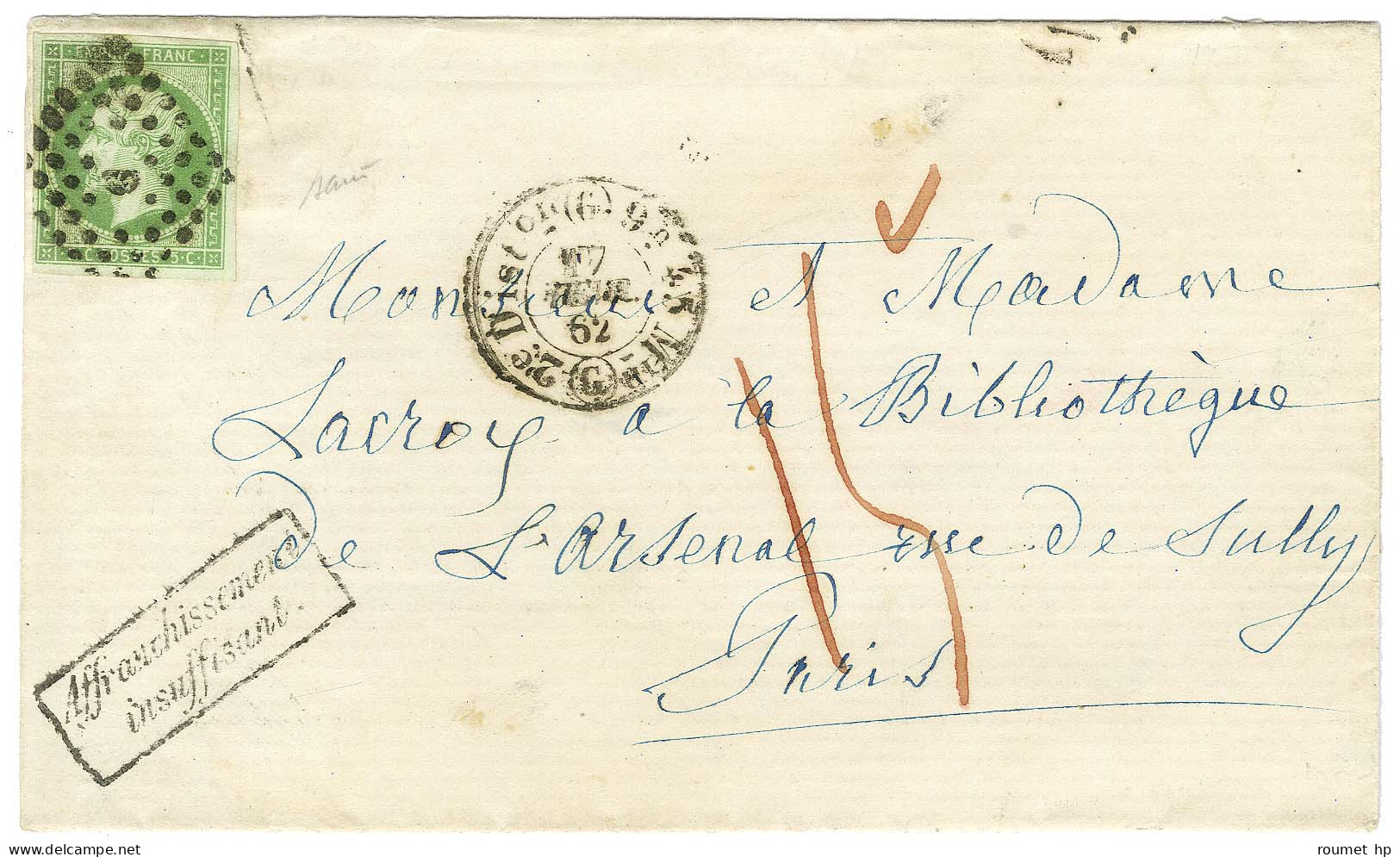 Losange G / N° 12 Càd De Distribution Du Bureau G Sur Faire-part De Mariage Complet Pour Paris Taxé 15c En Rouge Au Trip - 1853-1860 Napoleon III