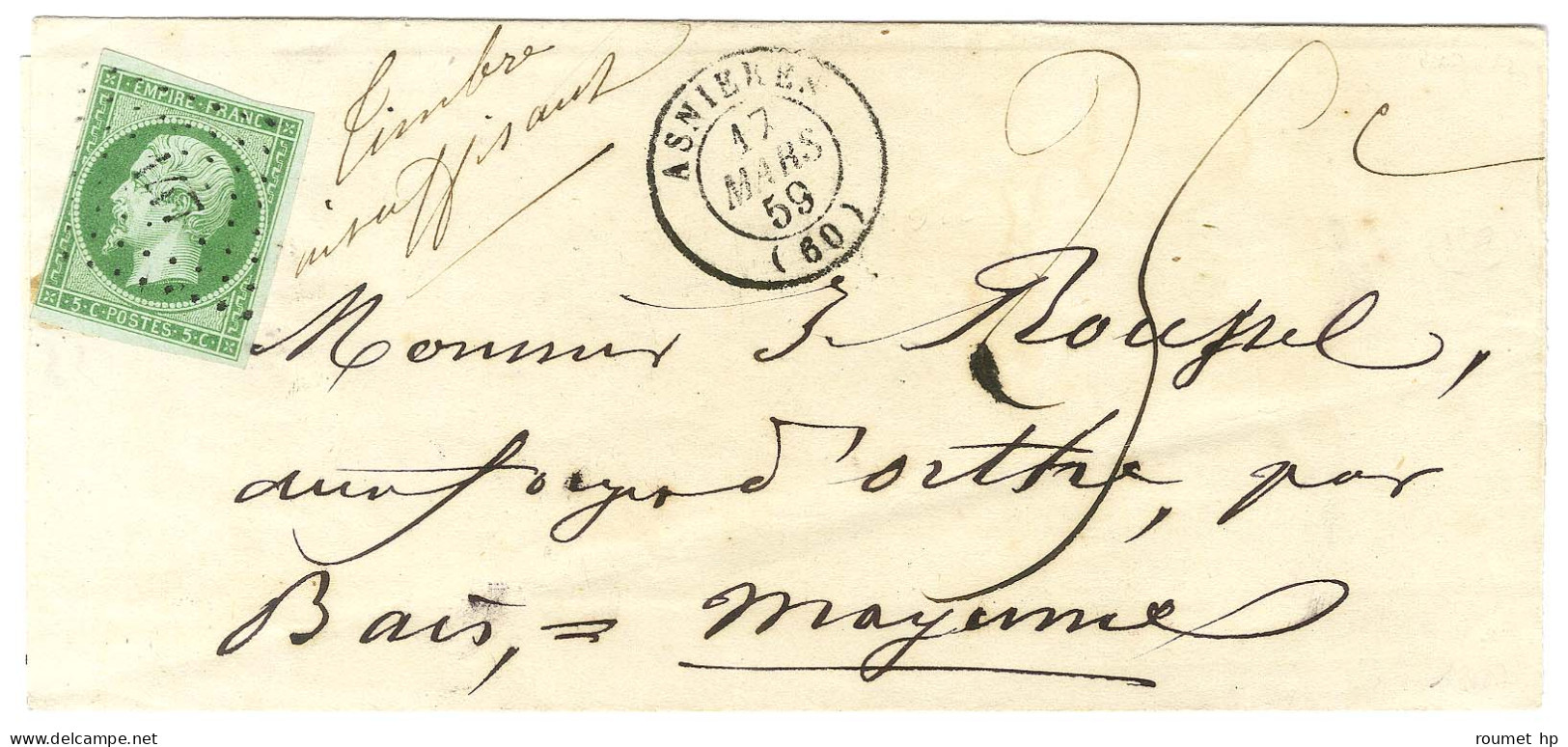 PC 147 / N° 12 Belle Nuance Càd T 15 ASNIERES (60) Sur Lettre Territoriale Insuffisamment Affranchie Pour La Mayenne Tax - 1853-1860 Napoléon III.
