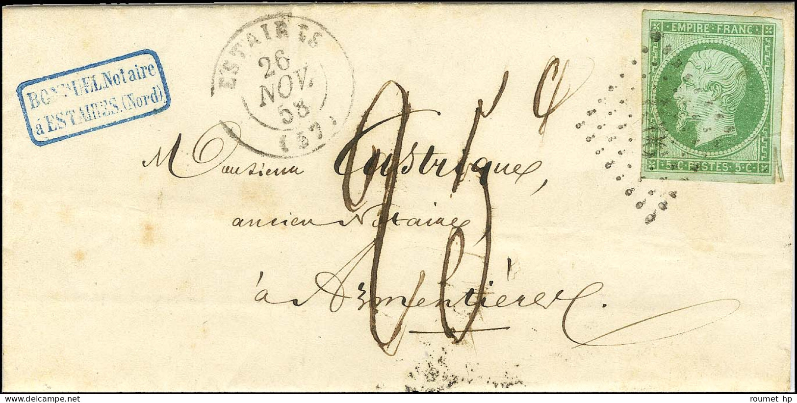 PC 1206 / N° 12 Belles Marges Càd T 15 ESTAIRES (57) Sur Lettre Insuffisamment Affranchie Pour Armentières Taxée 25c. 18 - 1853-1860 Napoléon III