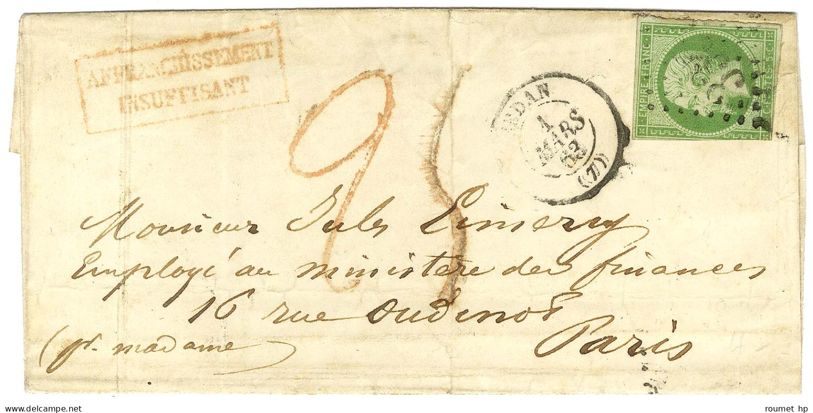 GC 3352 / N° 12 (def) Càd T 15 SEDAN (7) Sur Lettre Territoriale Insuffisamment Affranchie Pour Paris Taxée 25, Taxe Tam - 1853-1860 Napoléon III.