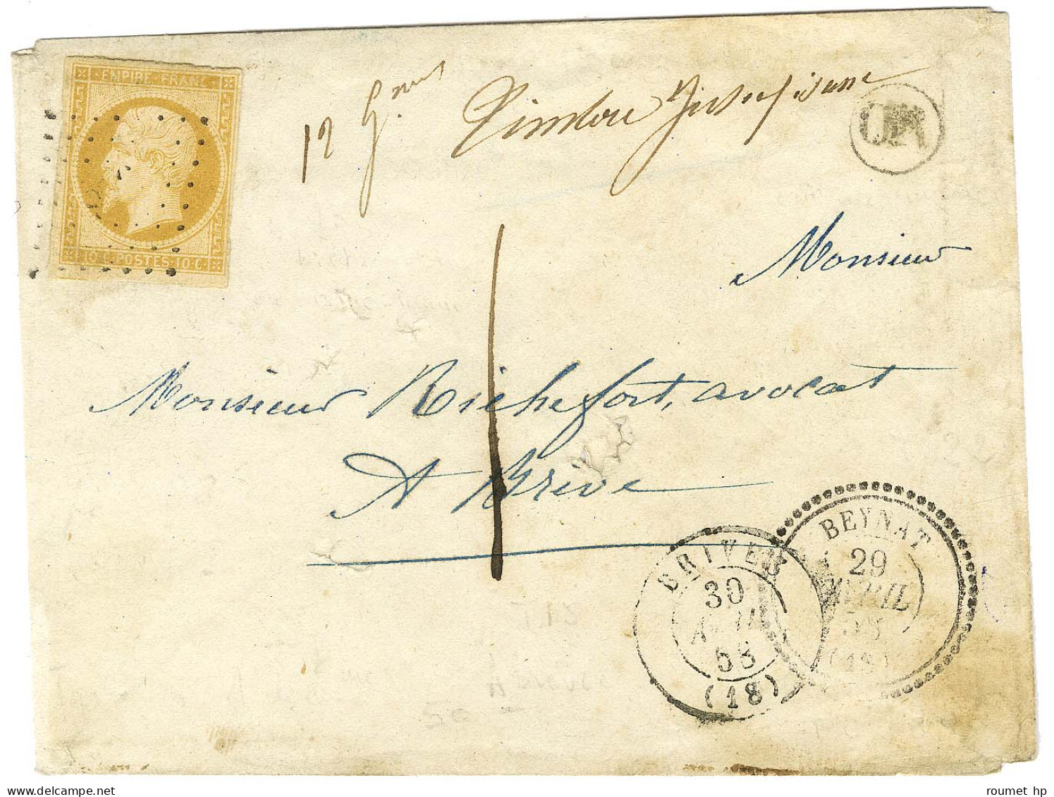 PC 388 / N° 13 Nuance Citron Càd T 22 BEYNAT (18) Sur Lettre Locale 2 Ports (12 Grammes) Insuffisamment Affranchie Pour  - 1853-1860 Napoléon III