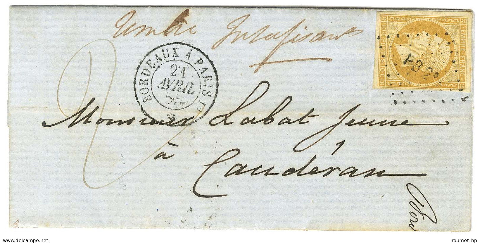 Losange PB2e / N° 13 Càd BORDEAUX A PARIS Sur Lettre Avec Texte Daté De Bordeaux Pour Cauderan Insuffisamment Affranchie - 1853-1860 Napoléon III.