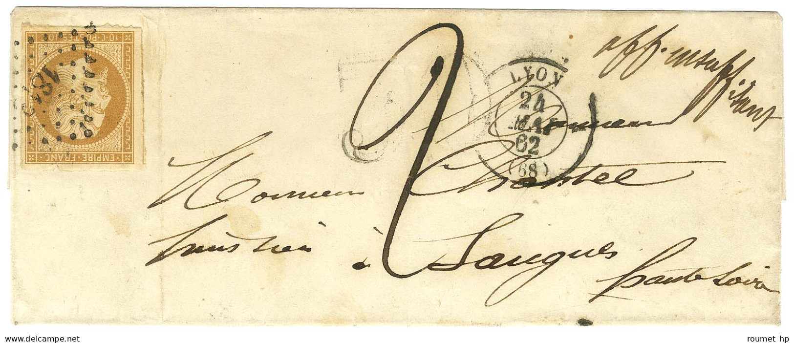 PC 1818 / N° 13 Càd T 15 LYON (68) Sur Lettre Territoriale Insuffisamment Affranchie Pour Saugues Taxée 2. 1862. - TB /  - 1853-1860 Napoléon III.