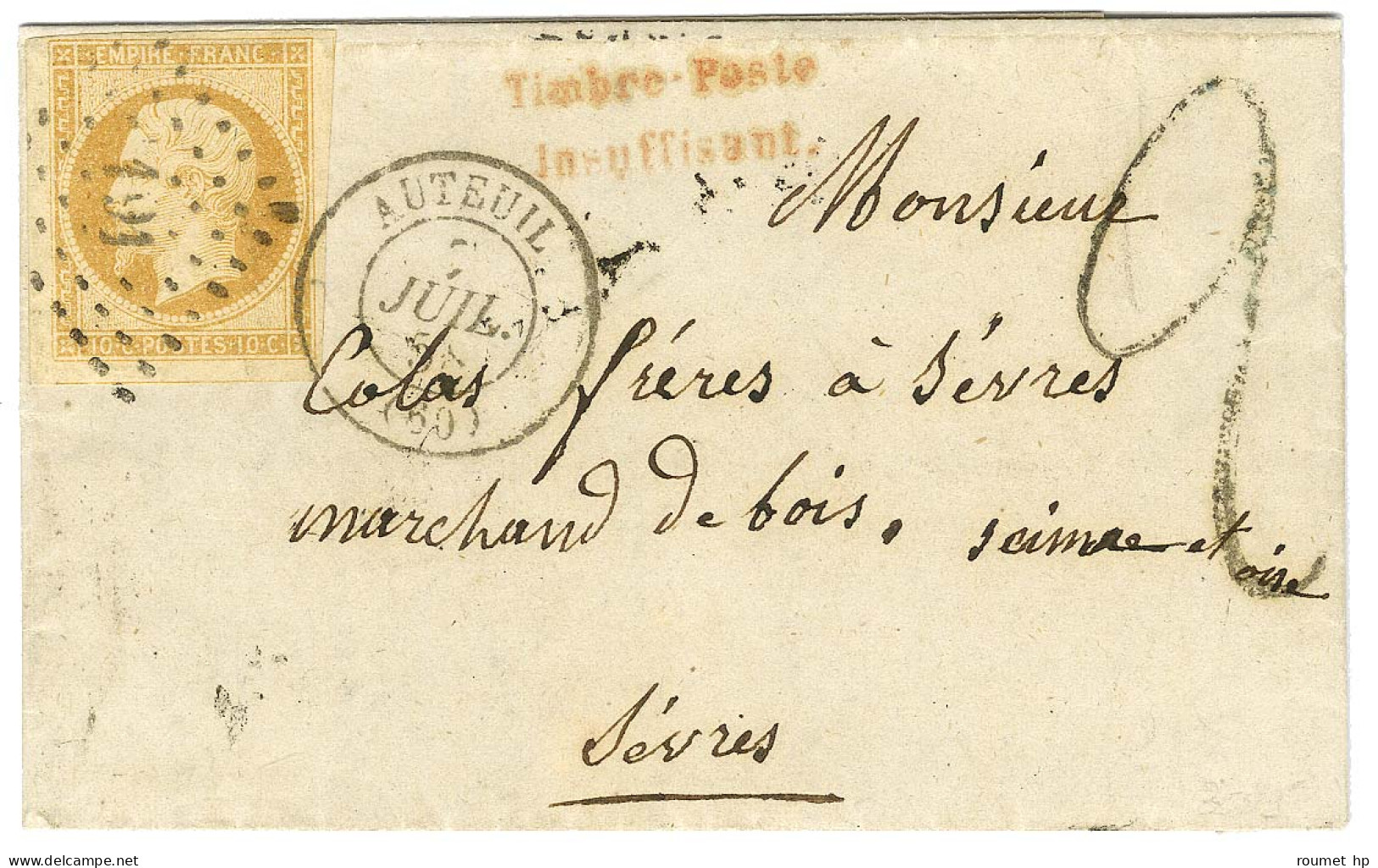 PC 191 / N° 13 Càd T 15 AUTEUIL (6) Sur Lettre Territoriale Insuffisamment Affranchie Pour Sèvres. Au Recto, Griffe Roug - 1853-1860 Napoleon III