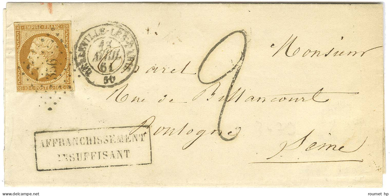 PC 356 / N° 13 Càd T 15 BELLEVILLE LES PARIS 60 Sur Lettre Territoriale Insuffisamment Affranchie Pour Boulogne, Taxe Ta - 1853-1860 Napoléon III